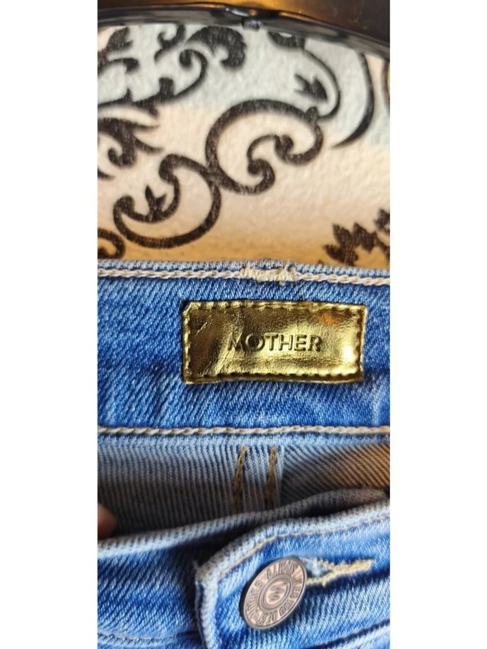 MOTHER The Tomcat High Rise Straight Leg Jeans Size 27 Blue Distressed Button Fl